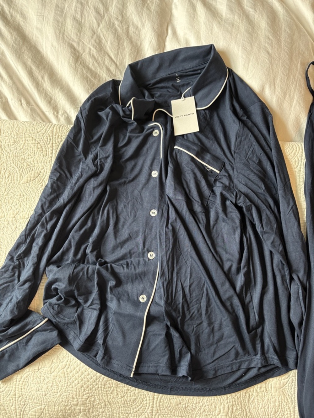 Cozy Long-Sleeve Navy Pajama Top with Contrast Piping